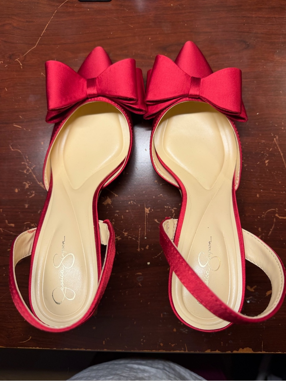 Jessica Simpson Red Satin Pointed Toe Bow Slingback Flats